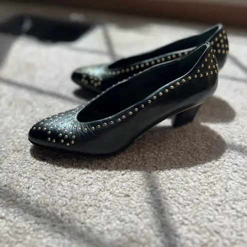 Vintage Italian Black Leather Studded Heels | 80s Minimal Chic Size 5.5 EU 35.5