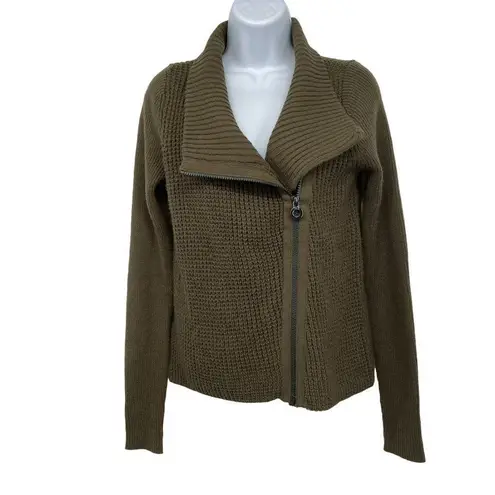 Lole Jazlyn Cardigan Asymmetrical Zip Up Wool Blend Knit Sweater Jacket Green