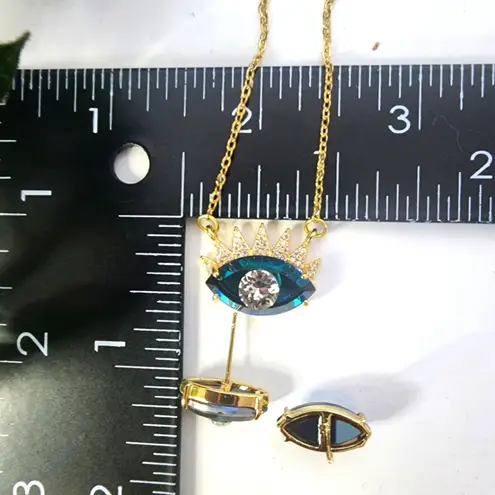 Unique Blue Glass Evil Eye Pendant Necklace Earrings Set Gold Plated Steel