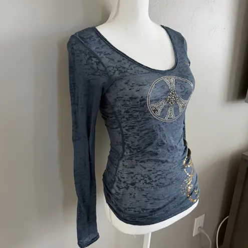 V Christina Y2K Burnout Long Sleeve Top Sz S Rhinestone Peace Sign Graphic Tee Blue