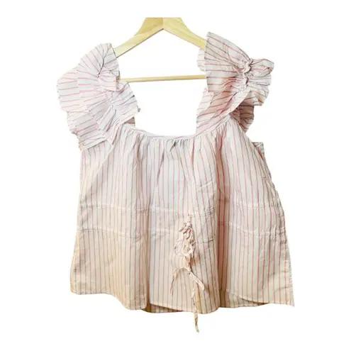 Harshman Alize Striped Ruffle Trim Peplum Linen Blouse Top Medium Pink White