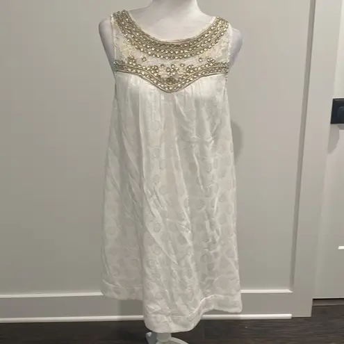 Maeve Anthropologie Graced White Beaded Jeweled Embellished Swing Dress Sz