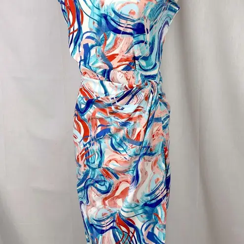 Tahari ASL Sleeveless Sheath Dress Midi Multicolor Geometric Print Sz 6 New Blue