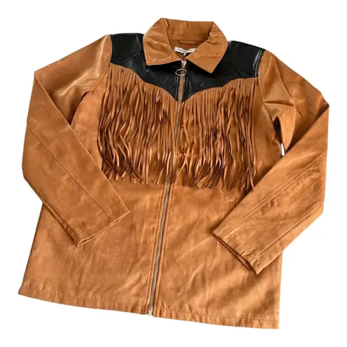 We Wore What Fringe Western Faux Suede Jacket Acorn Brown and Black Medium NWT