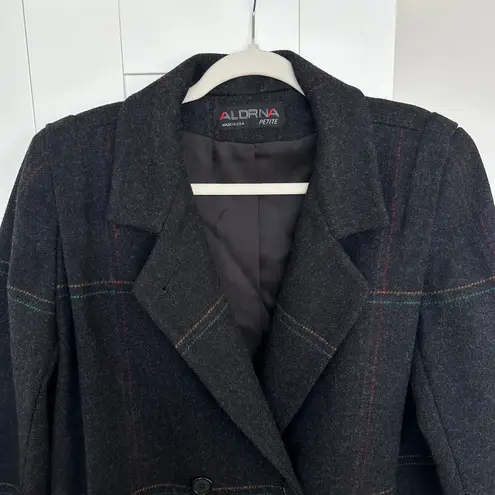 Vintage Alorna Petite Women's 100% Wool Windowpane Plaid Pea Coat, Size M, EUC Gray Size M