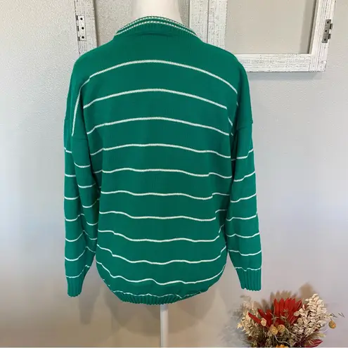 Vintage Kate Collins Green & White Striped Sweater with Crest Logo Size L