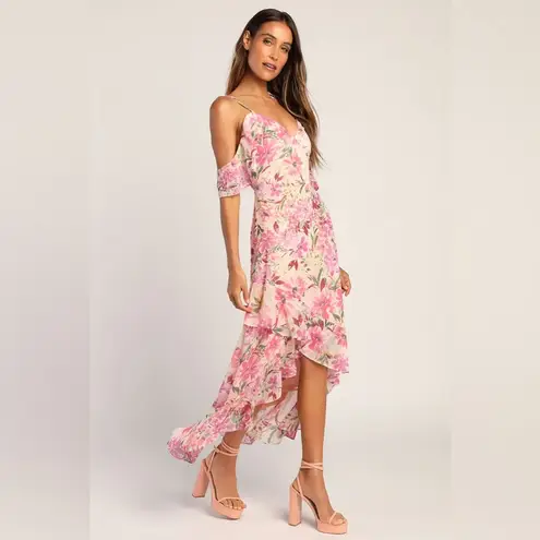 Lulus  Watch Me Grow Pink Floral Print Cold-Shoulder High-Low Dress Medium