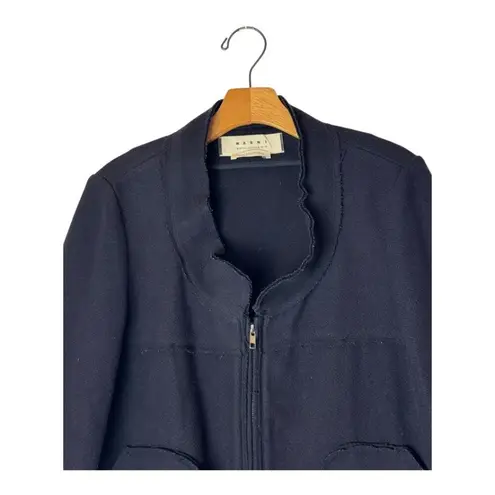 Marni Coat Women 4 Navy Blue Wool Full Zip Patchwork Raw Seams Jacket Outdoor