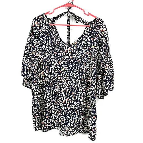 MTS size small short sleeve blouse flare sleeve colorful dot like pattern Black