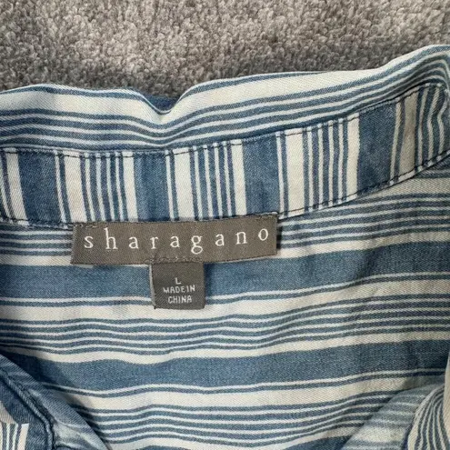Sharagano Striped Button Front Top Women's Large Blue/White Pockets Collared