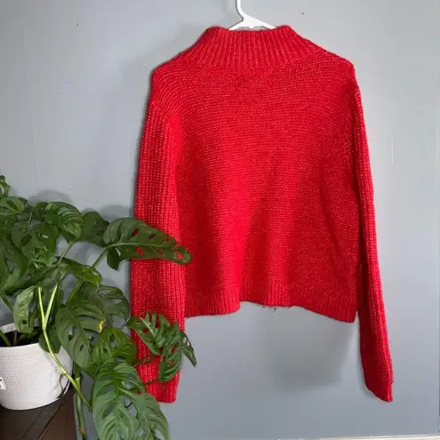 Loft Cropped Turtleneck Cable Knit Wool Blend Cozy Sweater Crimson Fire Red Lg