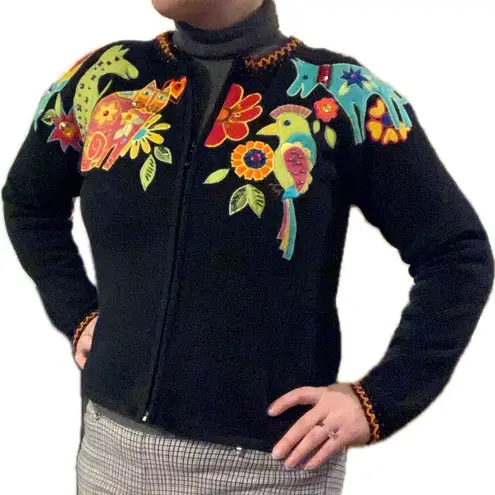 Arriviste Vintage Beaded Embroidered Cat Dog Animals Birds Sweater Small Zip Up Black