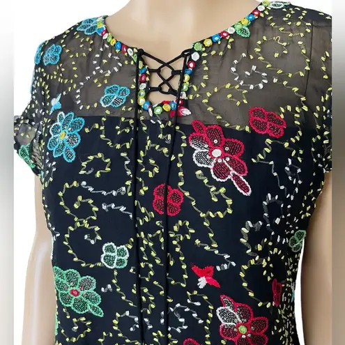 Vintage 90s Black Hand Embroidered Mirror Sequin Hippie Boho Whimsygoth Dress Size L