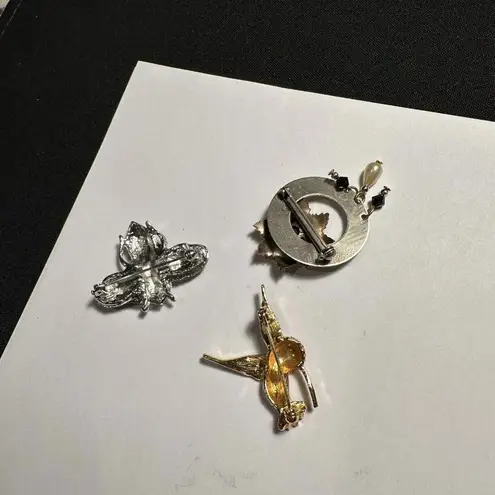 Hummingbird Lot Of 3 Rhinestone Brooch Pins Bird, Flower & Bug
