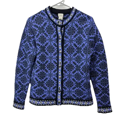 Vintage LL Bean Purple Nordic Snowflakes Button Wool Cardigan Sweater Size SMALL