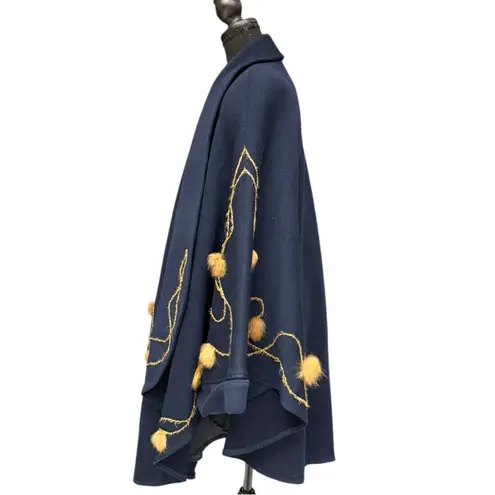 Vintage Wool Cape Zlata Navy Wool Blend Cape with Fur Detail, One Size EUC Blue