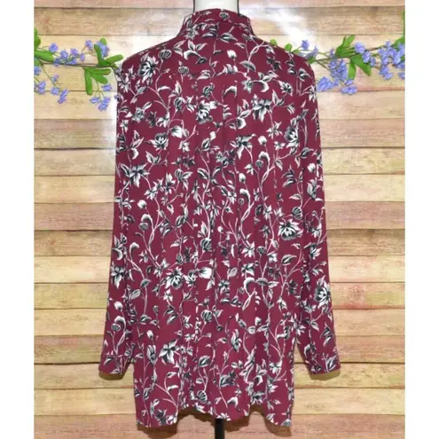 J. Jill Ladies Maroon Floral Button Up Tunic Blouse Size XL Modest Career Red