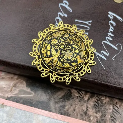 Vintage Spanish Damascene Filigree Bird & Flower Brooch Black Gold Pin