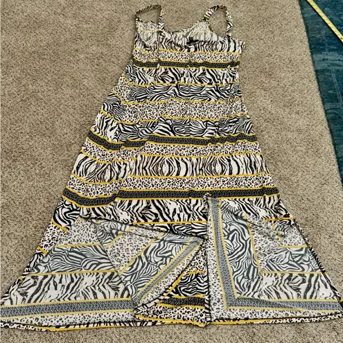 MSK XL Animal Print Maxi Dress Zebra Leopard Cheetah Gold Side Slits Resort Sexy