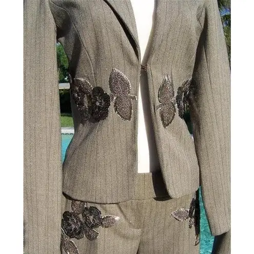 Cache  Luxe Elaborate Embellished Lined Pant New Brown Oatmeal Metallic $228 NWT