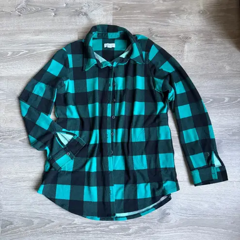 Denim & Co. Heavenly Jersey Buffalo Plaid Button Front Tunic Top M Blue Size M