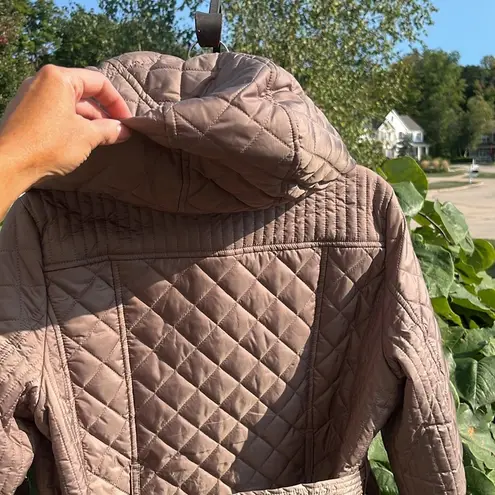 London Fog quilted zip up belted hooded mid length coat jacket size medium