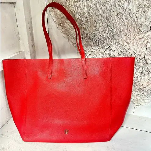 Carolina Herrera CH  Leather Shoulder Large Shopping Tote Handbag Red