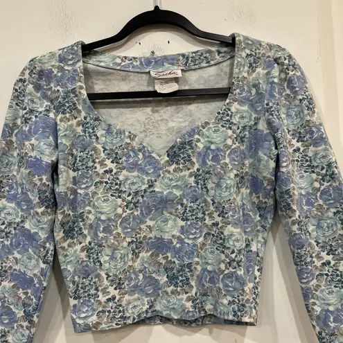 Vintage Sacha Floral Cropped Longsleeve Top Medium Sweetheart Neckline Ditsy Blue