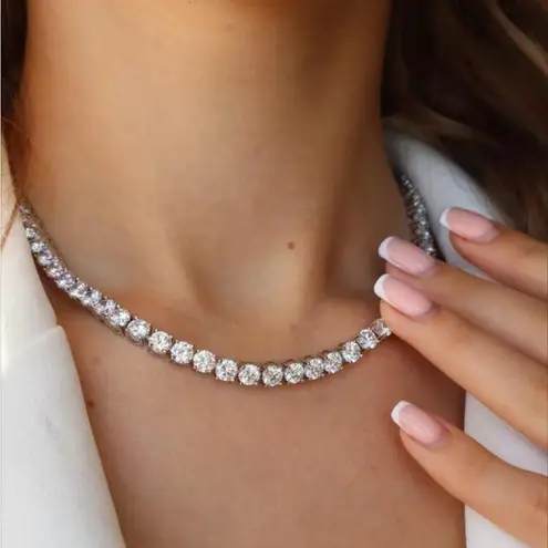 Silver Plated Cubic Zirconia Tennis Stainless Steel Necklace Gown Women Jewelry