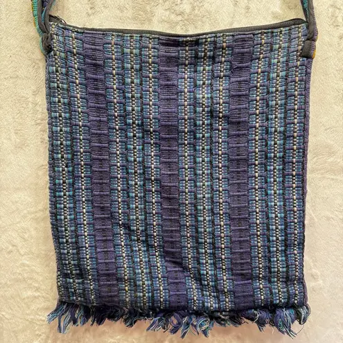 Vintage Y2K Woven Boho Hobo Bag Fringe Hippie Bohemian Grunge Rastafarian Purse Blue