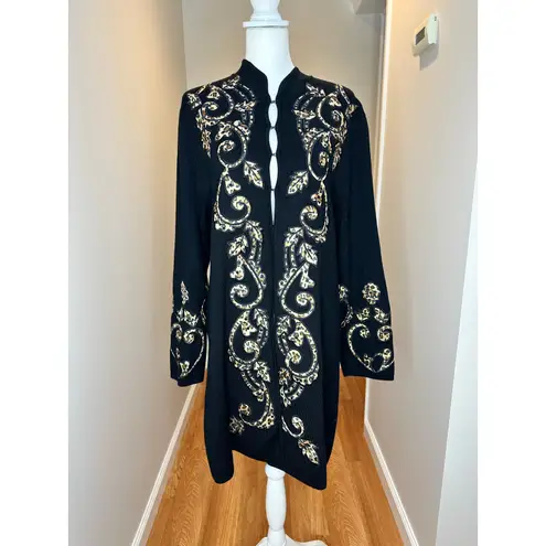 Vintage Pamela McCoy Longline Ribbed Black Cheetah Print Cardigan Coat Large