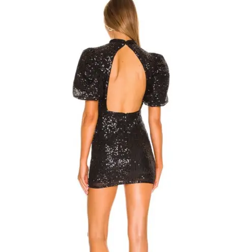 Camila Coelho Cassie Mini Dress Black Sequin Puff Sleeve Open Back Size Small