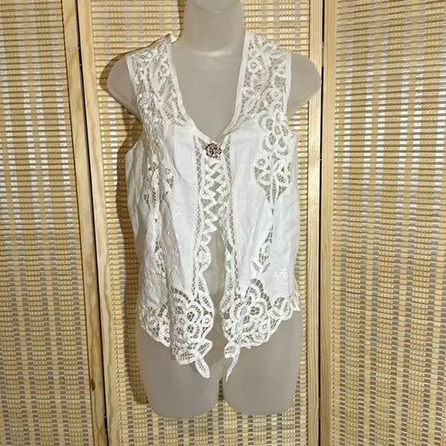 Wimpole Street Vintage 1990s Y2K Crisp White Linen Cotton Lace Vest Large?