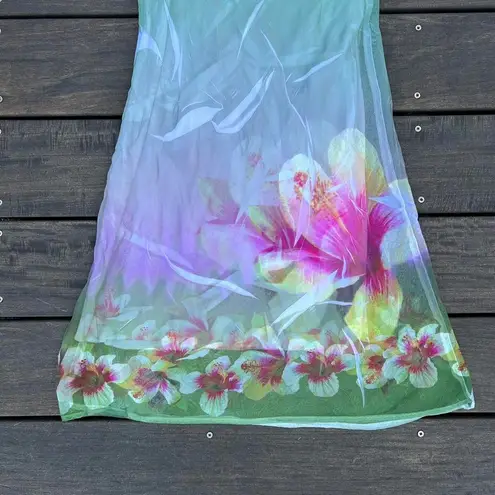 RARE Vintage Y2K Just in Time Green w/ Pink Floral Mini Dress w/ Mesh Overlay Size L