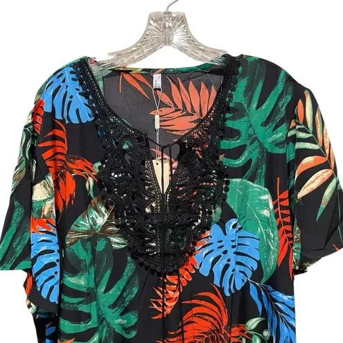 Ekouaer Lace Crochet Summer Beach Cover Up Dress Black Leaf Print Size 2XL NWT Blue