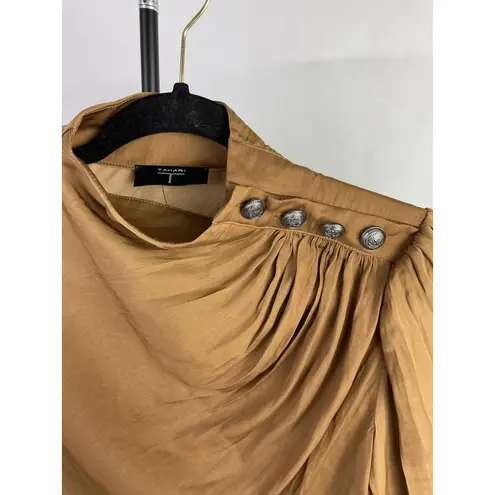 Tahari by ASL Walnut Brown Pleated Button Shoulder Blouse NWT Size S