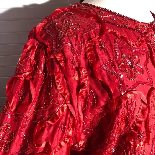 Roaman's Vintage Red Silk Beaded Sequin Rhinestone Blazer Coat 2X