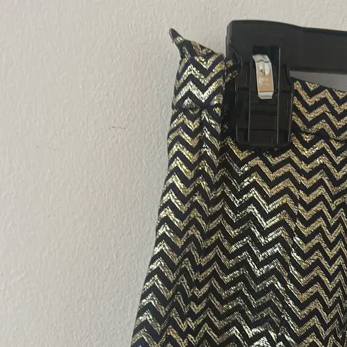 Vintage Black Gold Zip Zag Pattern Metallic Pleated Midi Skirt Size 10