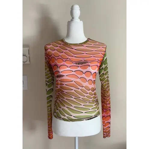 Vintage Y2K OMIGHTY Sheer Mesh Top Small Fairy Grunge Green Pink Graphic T Pink