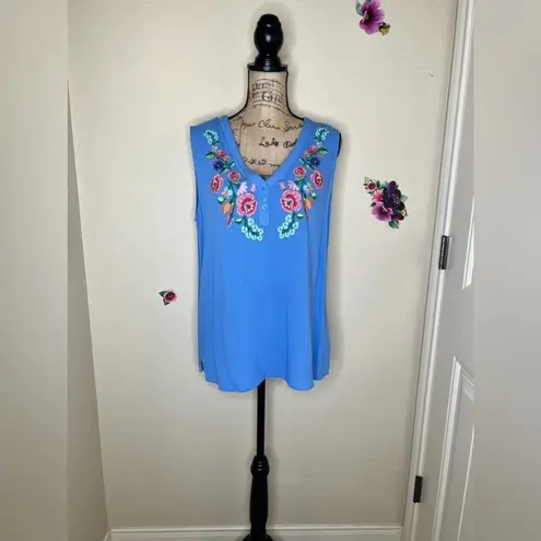 Kori Embroidered Light Blue V Neck Floral Tank Top Size Large