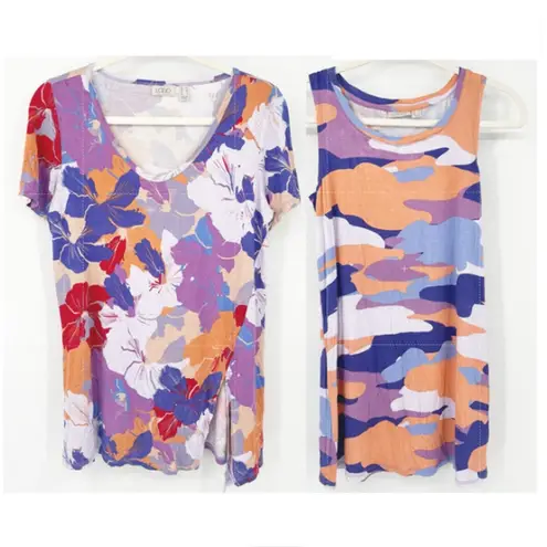 LOGO By Lori Goldstein Womens Bundle Lot (2) Floral Blouse & Camo Tank Top XS