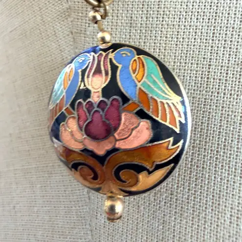 Vintage Cloisonné Enamel Birds & Lotus Pendant Necklace