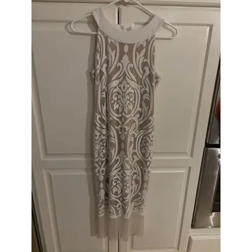 Joseph Ribkoff Dress White Beige Sleeveless Fringe Damask Cocktail