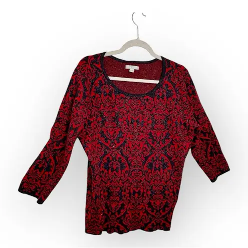 Dana Buchman Red Black Damask Knit Sweater Metallic Holiday Top L