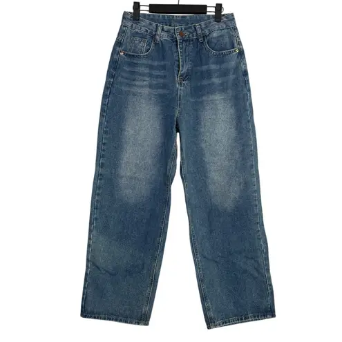 Evis Vintage Straight Wide Leg Mid Rise Full Length Casual Denim Jean Zip 8 Blue