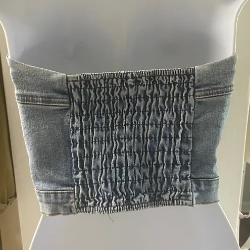 VINTAGE DENIM BUSTIER WITH BUTTON FRONT AND SHEERING IN BACK TO LOOK SNATCHED IN Blue