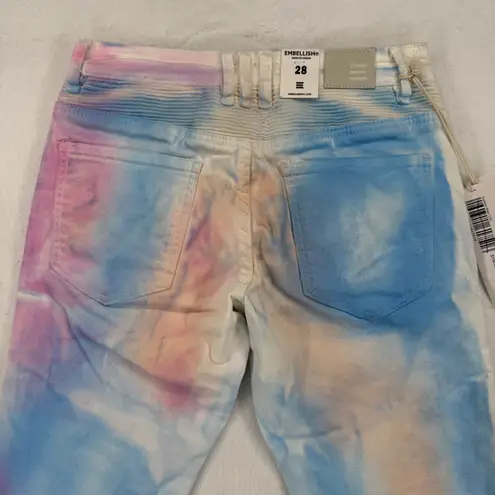Embellish Tie Dye Moto Jeans Distressed Ripped Gummo Biker Style Colorful Sz 28 Blue