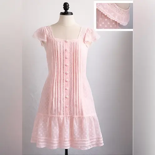 Vintage 80s Sheer Pink Swiss Dot Slip Dress by 3 Suisses Collection Lace Ruffle