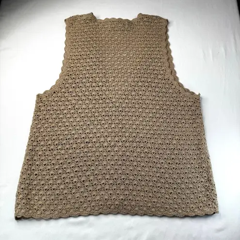 White Stag Crochet Sweater Vest Beige Ramie Cotton Large Boho Cottage Retro Hippy Festival