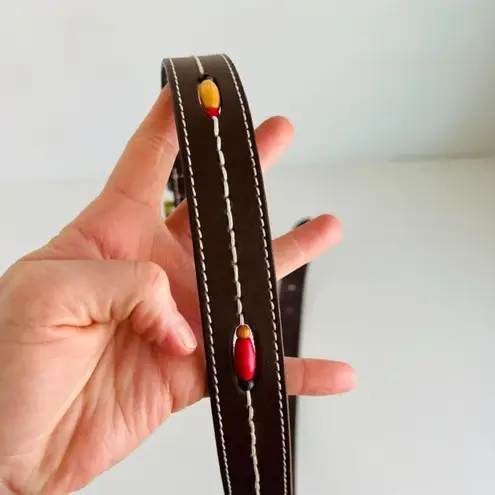 90s Retro Brown Vegan Leather Beaded Brass Buckle Belt